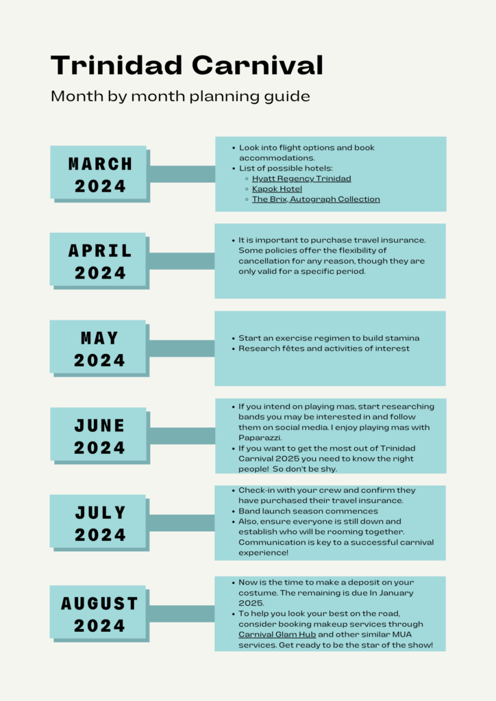Infographic titled 'Trinidad Carnival: Month by Month Planning Guide,' featuring a timeline with month by month tips