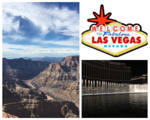 pic collage of Grand Canyon, Vegas sign and the Bellagio fountains