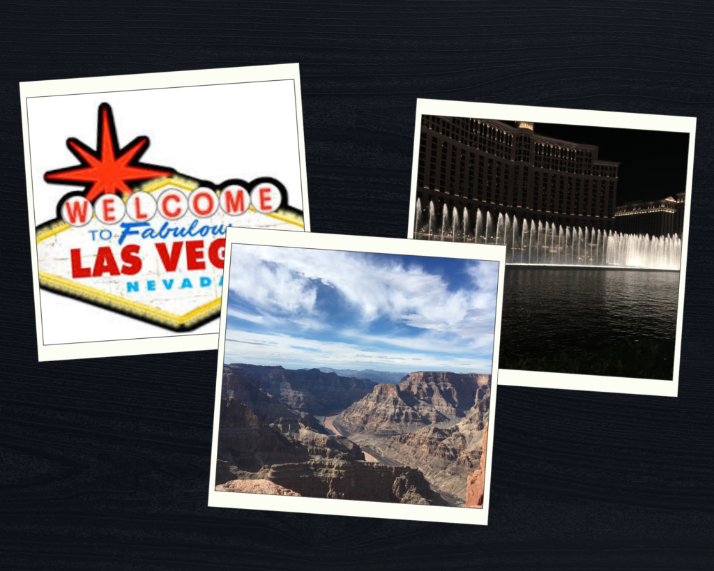 Collage of Las Vegas and Grand Canyon West Rim: Welcome sign, Bellagio fountains at night, and canyon overlook under blue sky