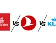 Side-by-side airline logo comparison of Emirates, Turkish Airlines, and KLM. The Emirates logo is on the left in red with Arabic script, the Turkish Airlines logo is in the center with a white bird in a red circle, and the KLM logo is on the right in blue with a crown symbol. 'VS' is written between each airline logo indicating a comparison.