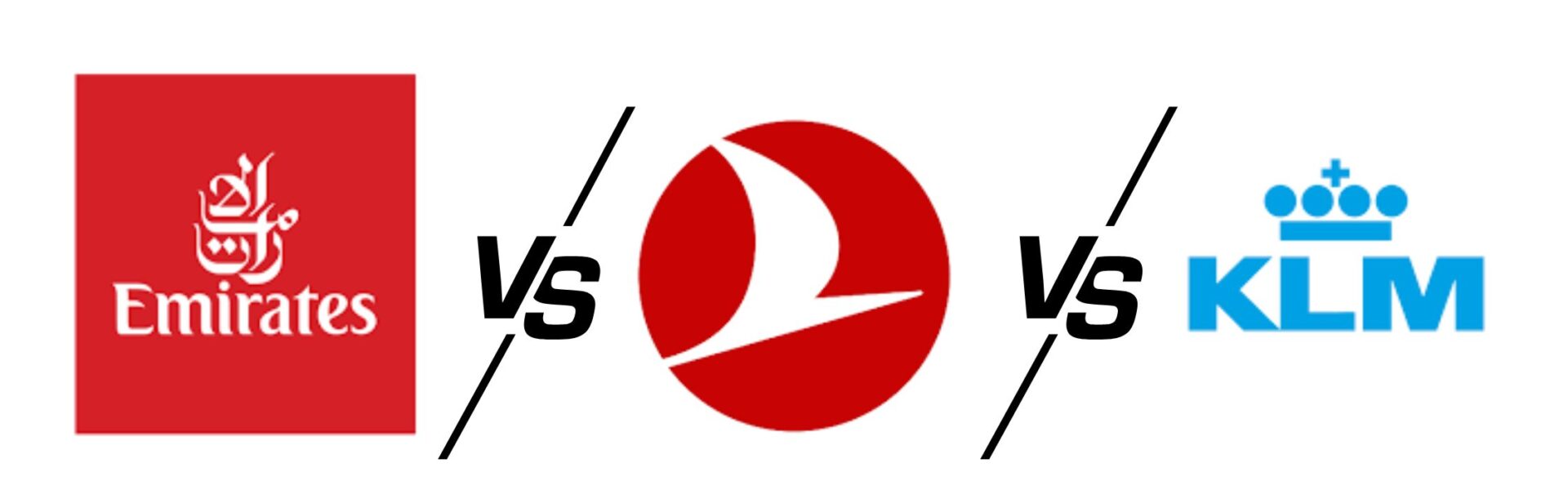 Side-by-side airline logo comparison of Emirates, Turkish Airlines, and KLM. The Emirates logo is on the left in red with Arabic script, the Turkish Airlines logo is in the center with a white bird in a red circle, and the KLM logo is on the right in blue with a crown symbol. 'VS' is written between each airline logo indicating a comparison.