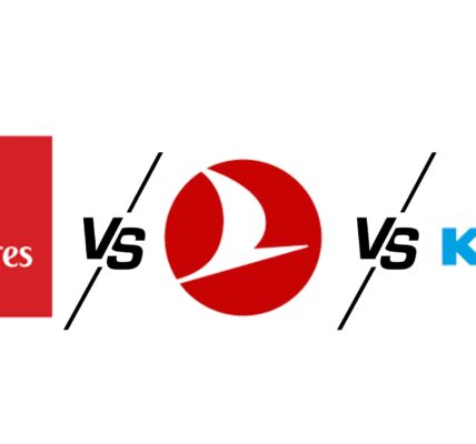 Side-by-side airline logo comparison of Emirates, Turkish Airlines, and KLM. The Emirates logo is on the left in red with Arabic script, the Turkish Airlines logo is in the center with a white bird in a red circle, and the KLM logo is on the right in blue with a crown symbol. 'VS' is written between each airline logo indicating a comparison.