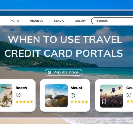 Website mockup with a tropical beach background promoting the topic “When to Use Travel Credit Card Portals.” The navigation bar includes links like Home, About Us, Explore, and Activity, with a search bar on the top right. Below, featured categories include Beach, Mount, and Country, each with star ratings and images of scenic destinations.