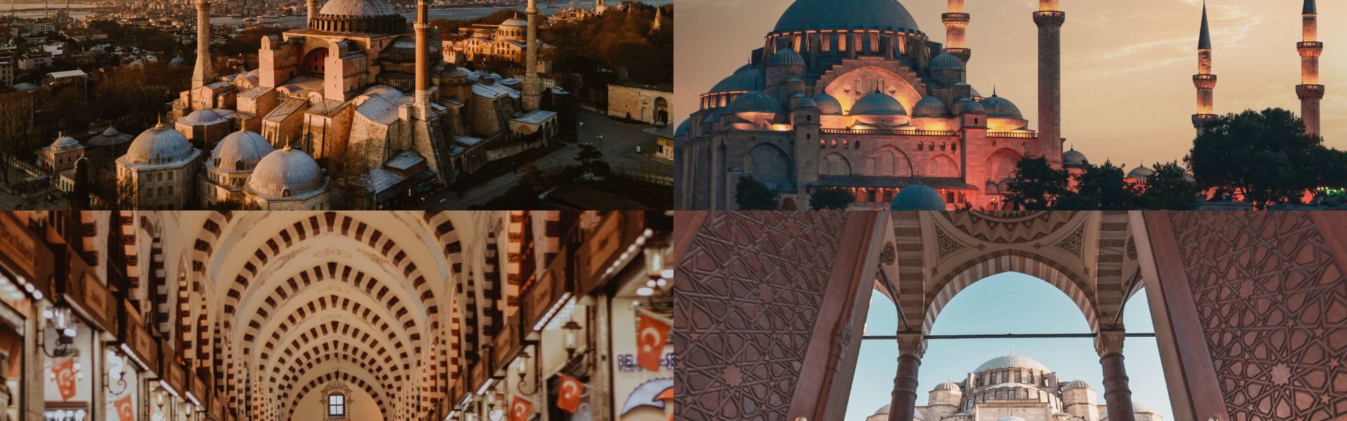 A collage of four iconic scenes from Istanbul, Turkey: the Hagia Sophia at sunset, the illuminated Blue Mosque at dusk, the bustling interior of the Grand Bazaar with Turkish flags, and a view of a historic mosque courtyard through ornately carved wooden doors.