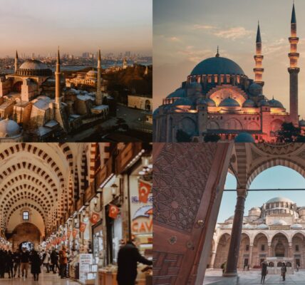 A collage of four iconic scenes from Istanbul, Turkey: the Hagia Sophia at sunset, the illuminated Blue Mosque at dusk, the bustling interior of the Grand Bazaar with Turkish flags, and a view of a historic mosque courtyard through ornately carved wooden doors.