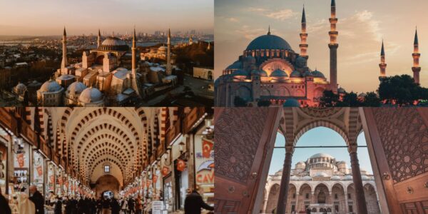 A collage of four iconic scenes from Istanbul, Turkey: the Hagia Sophia at sunset, the illuminated Blue Mosque at dusk, the bustling interior of the Grand Bazaar with Turkish flags, and a view of a historic mosque courtyard through ornately carved wooden doors.