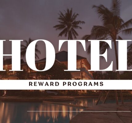 Graphic featuring the words “HOTEL REWARD PROGRAMS” in bold white text over a background of a tropical resort at dusk, with palm trees, a lit-up hotel building, and a reflective swimming pool.