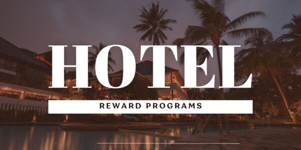 Graphic featuring the words “HOTEL REWARD PROGRAMS” in bold white text over a background of a tropical resort at dusk, with palm trees, a lit-up hotel building, and a reflective swimming pool.