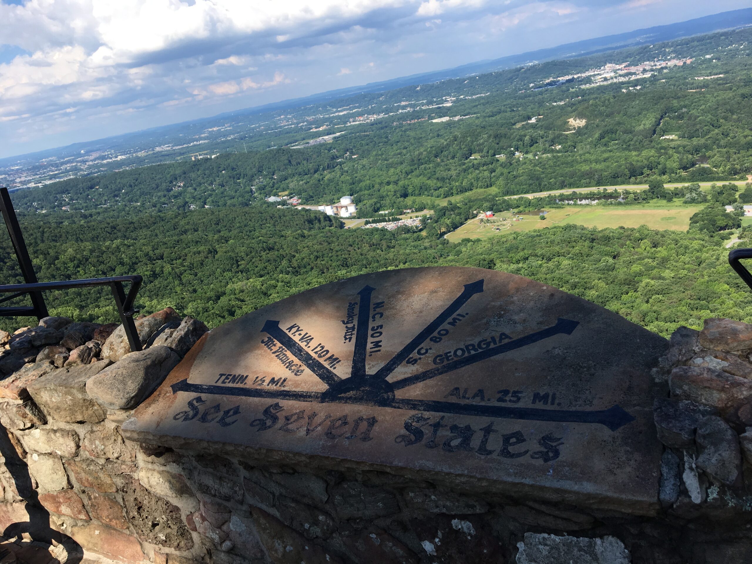 Panoramic view from Lookout Mountain’s famous “See Seven States” marker, showing directional arrows pointing toward Tennessee, Georgia, Alabama, North Carolina, South Carolina, Kentucky, and Virginia, with lush green landscape and distant towns below.