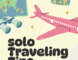 the boujee duck Illustration for solo female travel tips featuring a pink airplane suitcase map and binoculars with text Solo Traveling Tips by The Boujee Ducktravel advice graphic for women