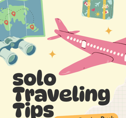 Illustration for solo female travel tips featuring a pink airplane, suitcase, map, and binoculars with text “Solo Traveling Tips by The Boujee Duck”—travel advice graphic for women.