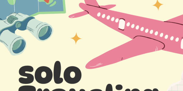 Illustration for solo female travel tips featuring a pink airplane, suitcase, map, and binoculars with text “Solo Traveling Tips by The Boujee Duck”—travel advice graphic for women.