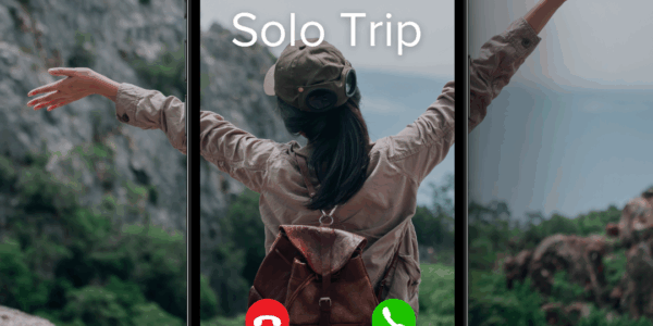 A woman sits on a rock facing a scenic mountain landscape with her arms raised joyfully. Overlaid on the image is a smartphone screen showing an incoming call from "Solo Trip," with options to decline or accept. She wears a green cap, long-sleeve shirt, and a brown backpack, symbolizing the excitement of solo travel and adventure.