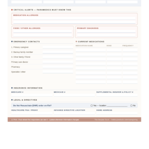 Caregiver emergency information one-pager printable by The Boujee Duck