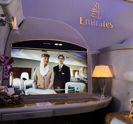 the boujee duck Emirates A380 First Class suite with private closing door